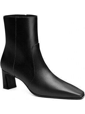Women's Leather Black Ankle Boots Chunky Low Heel Square Toe Zip Fall Booties